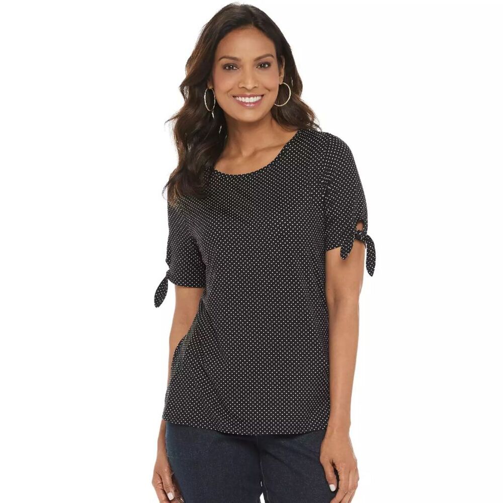 Croft & Barrow Women's Black & White Dot Short Tie Sleeve Shirt Top Size XL NWT